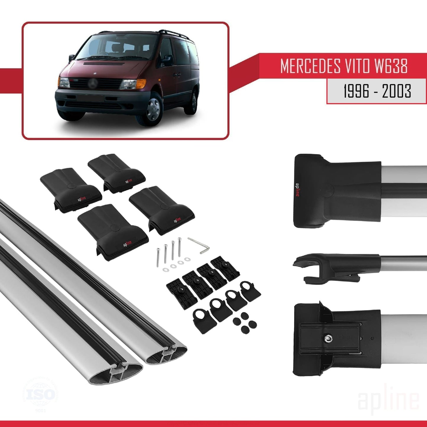 Compatible with Mercedes Vito (W638) 1996-2003 FLY Model Car Roof Rack Cross Bar Grey Aluminium 2 Bars