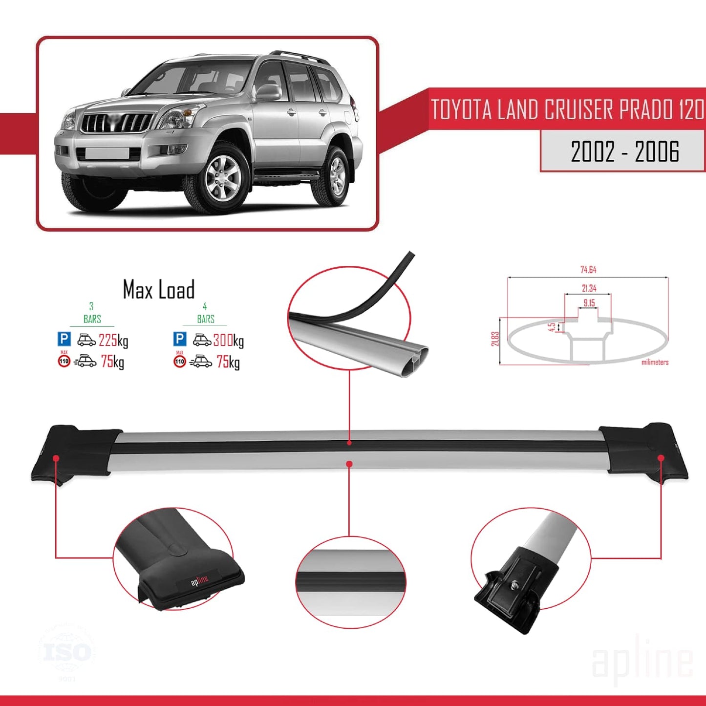 Compatible with Toyota Land Cruiser Prado (J120) 2002-2006 FLY Model Car Roof Rack Cross Bar Grey Aluminium 3 Bars