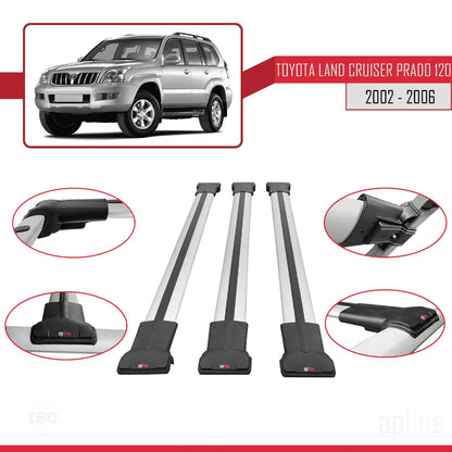 Compatible with Toyota Land Cruiser Prado (J120) 2002-2006 FLY Model Car Roof Rack Cross Bar Grey Aluminium 3 Bars