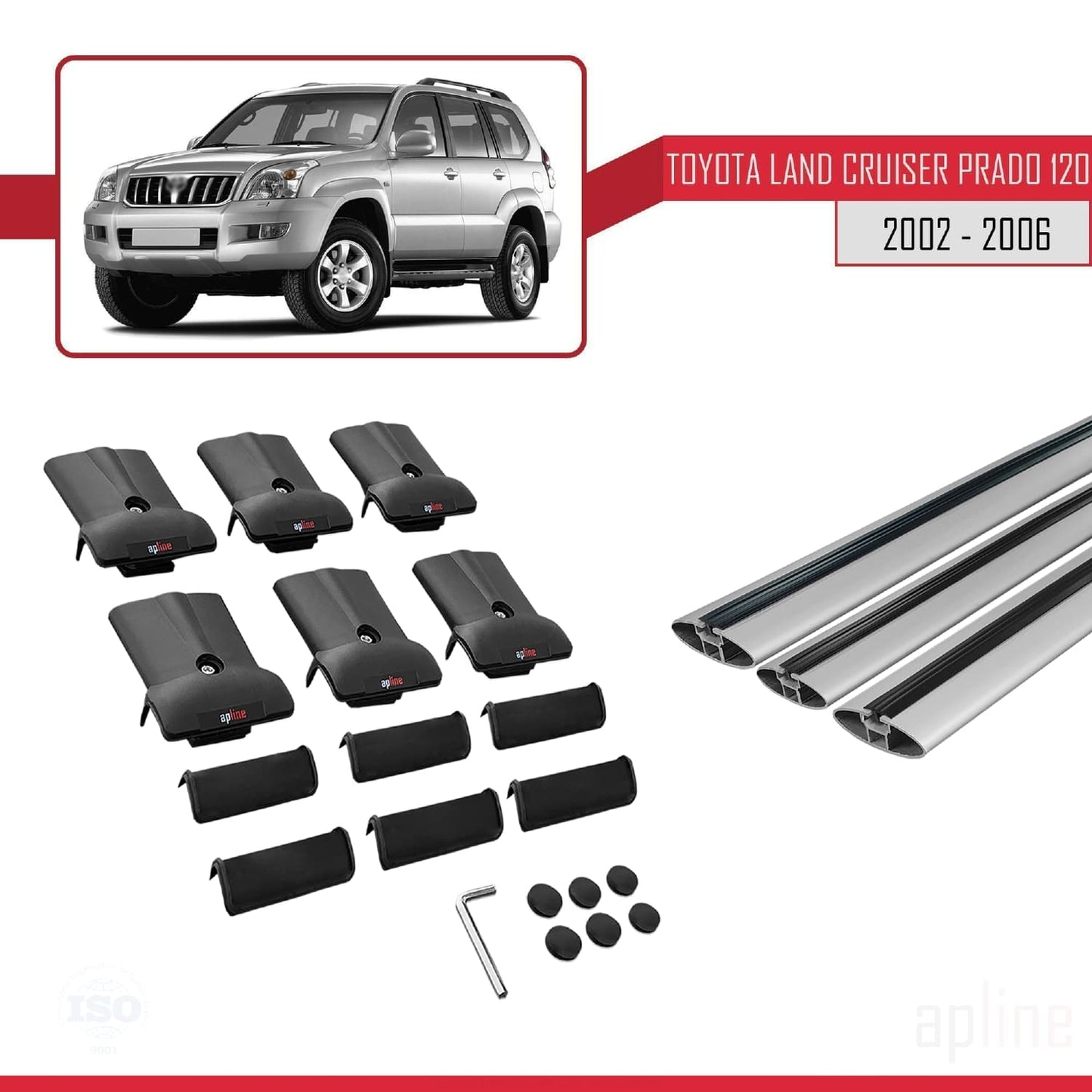 Compatible with Toyota Land Cruiser Prado (J120) 2002-2006 FLY Model Car Roof Rack Cross Bar Grey Aluminium 3 Bars