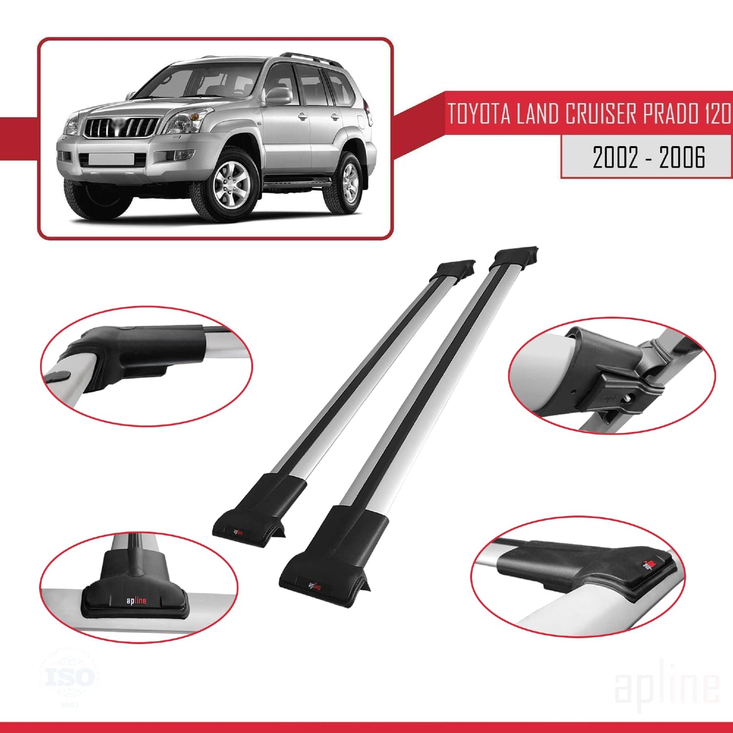 Compatible avec Toyota Land Cruiser Prado (J120) 2002-2006 FLY Model Barres de Toit Railing Porte-Bagages de Voiture Gris Aluminium 2 Barres