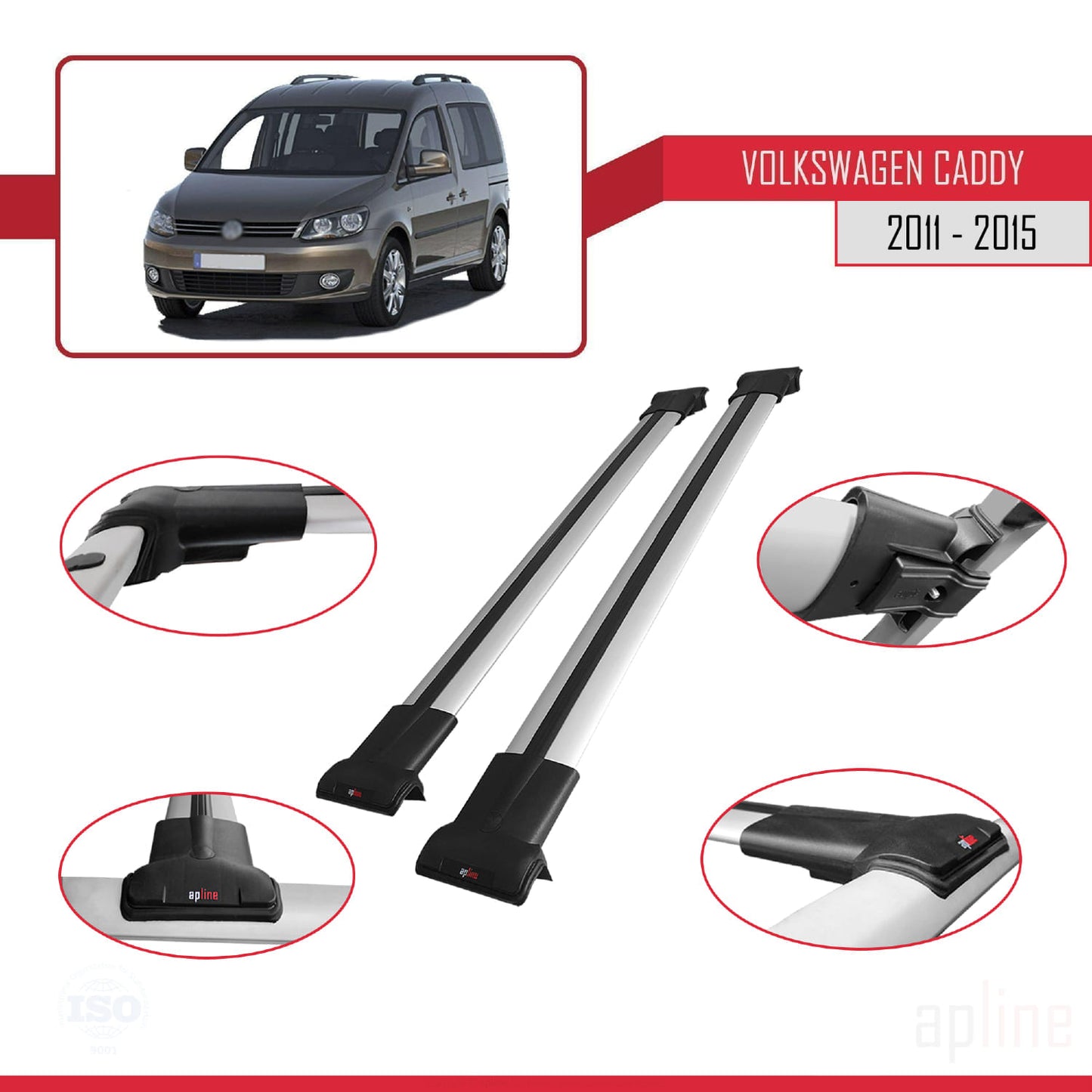 Compatible avec Volkswagen Caddy 3 (2K) 2011-2015 FLY Model Barres de Toit Railing Porte-Bagages de Voiture Gris Aluminium 2 Barres