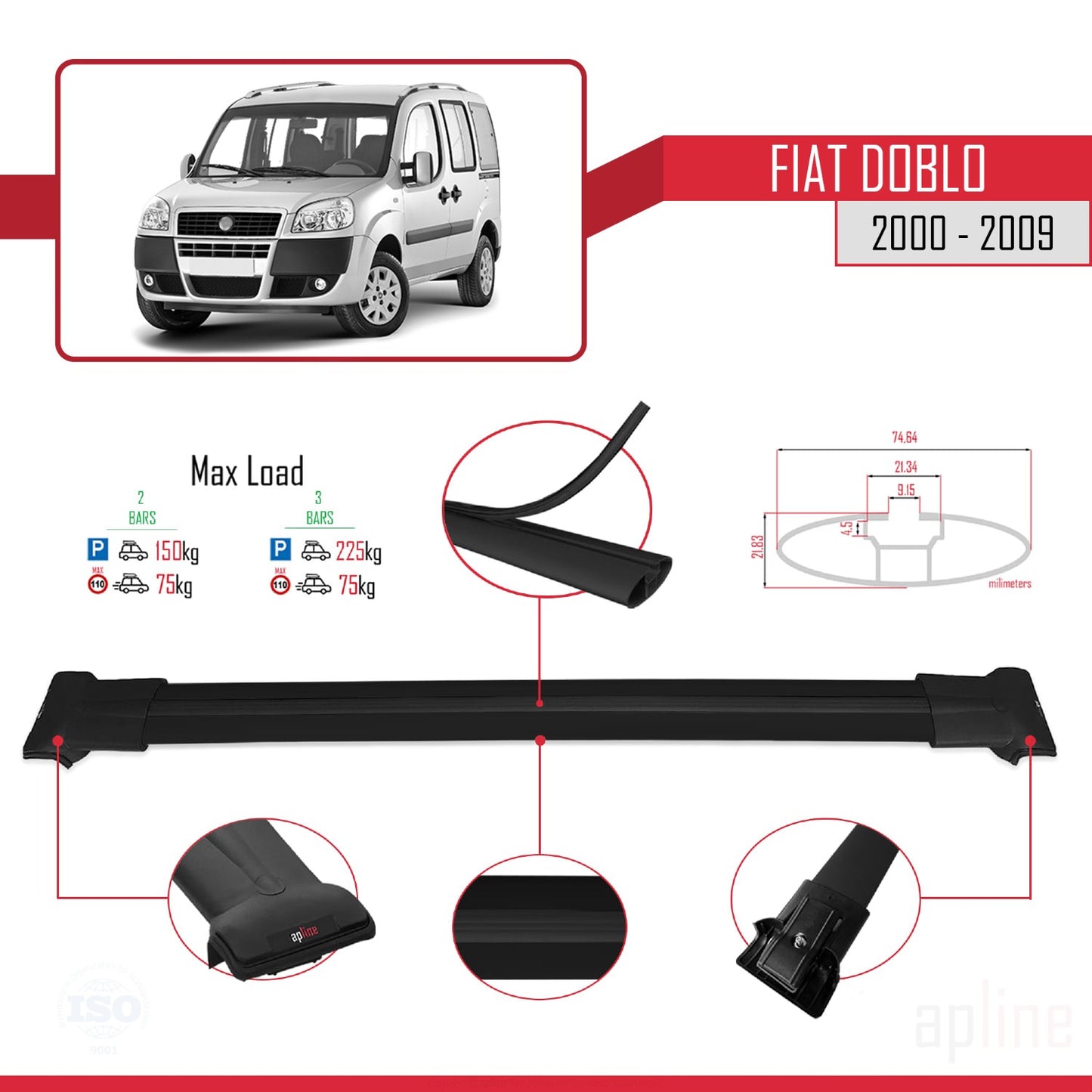 Compatible avec Fiat Doblo 2000-2009 Barres de Toit FLY Modèle Railing Porte-Bagages de voiture NOIR