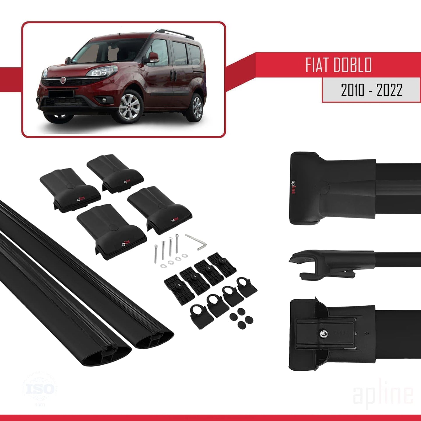 Compatible avec Fiat Doblo 2 2010-2022 FLY Model Barres de Toit Railing Porte-Bagages de Voiture Noir Aluminium 2 Barres