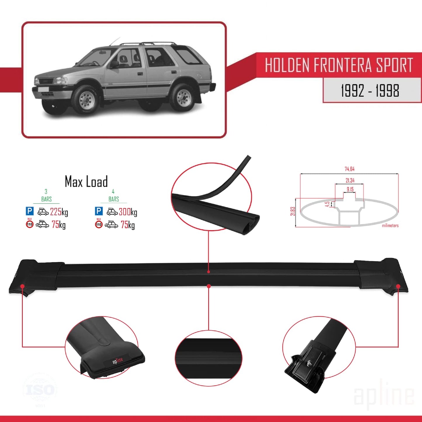 Compatible avec Holden Frontera Sport 1992-1998 FLY Model Barres de Toit Railing Porte-Bagages de Voiture Noir Aluminium 3 Barres