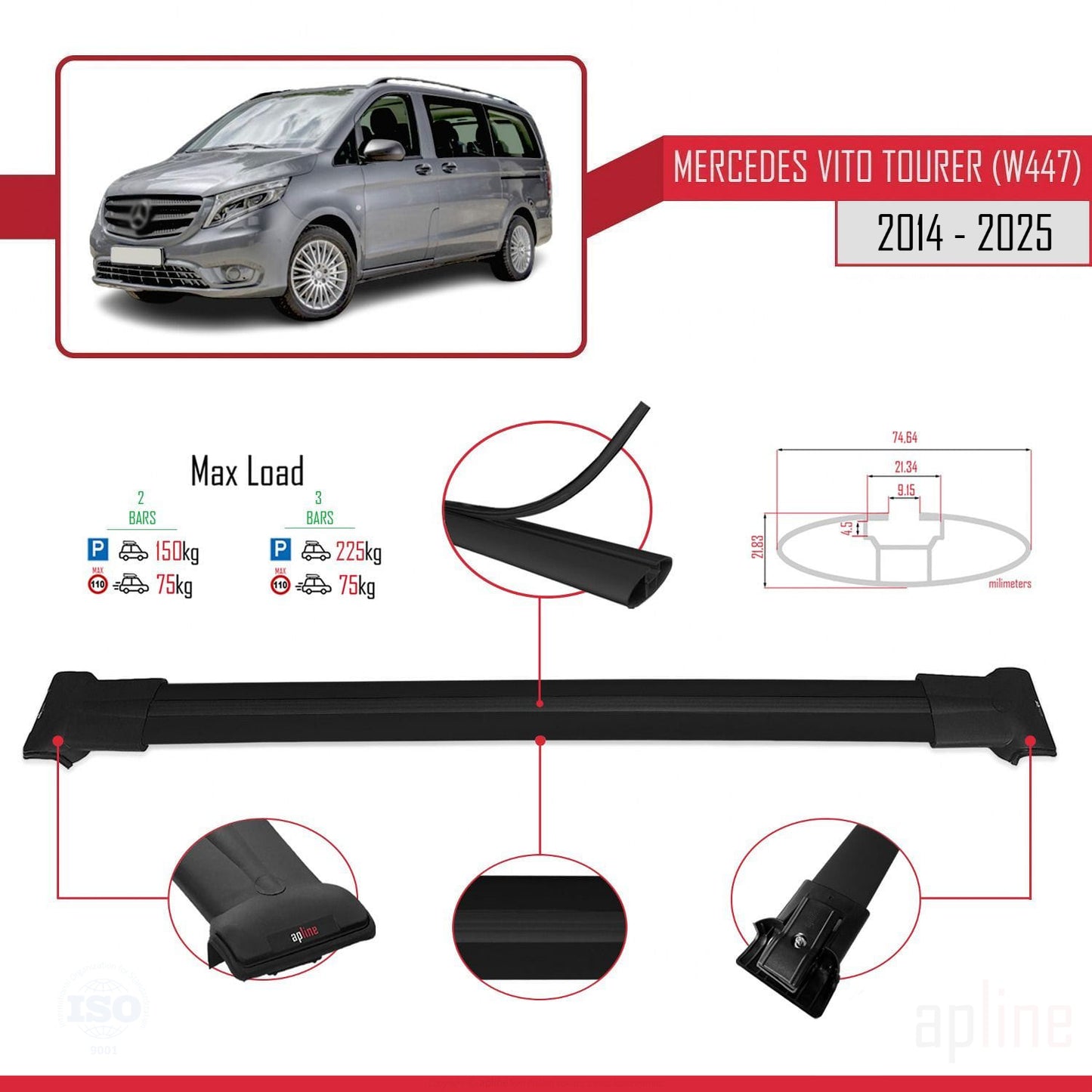 Compatible avec Mercedes Vito Tourer (W447) 2014-2025 FLY Model Barres de Toit Railing Porte-Bagages de Voiture Noir Aluminium 2 Barres