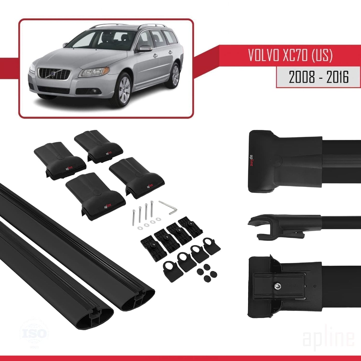Compatible avec Volvo XC70 II (P24) 2008-2016 FLY Model Barres de Toit Railing Porte-Bagages de Voiture Noir Aluminium 2 Barres