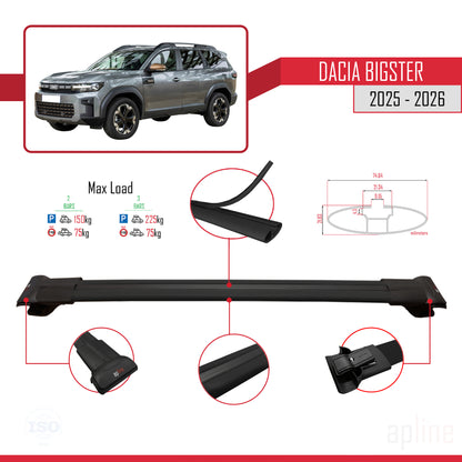 Compatible avec Dacia Bigster 2025-2026 FLY Model Barres de Toit Railing Porte-Bagages de Voiture Noir Aluminium 2 Barres