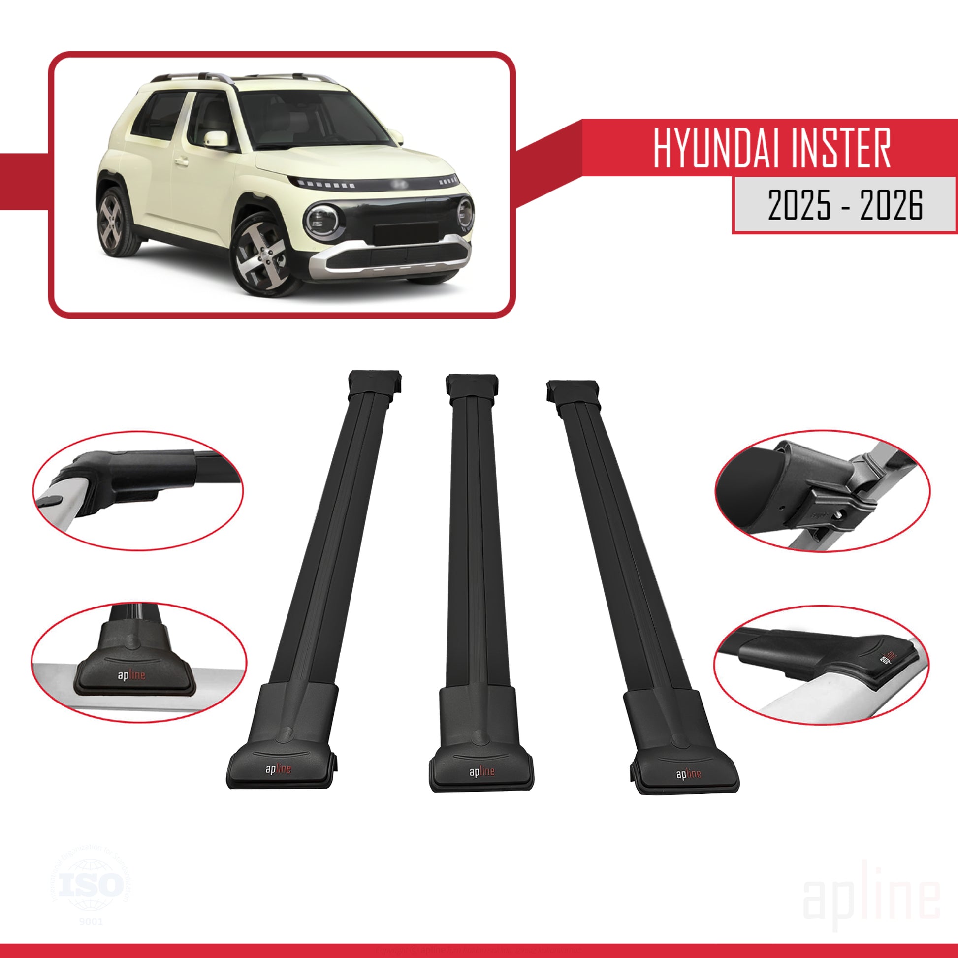 Compatible avec Hyundai Inster 2025-2026 FLY Model Barres de Toit Railing Porte-Bagages de Voiture Noir Aluminium 3 Barres