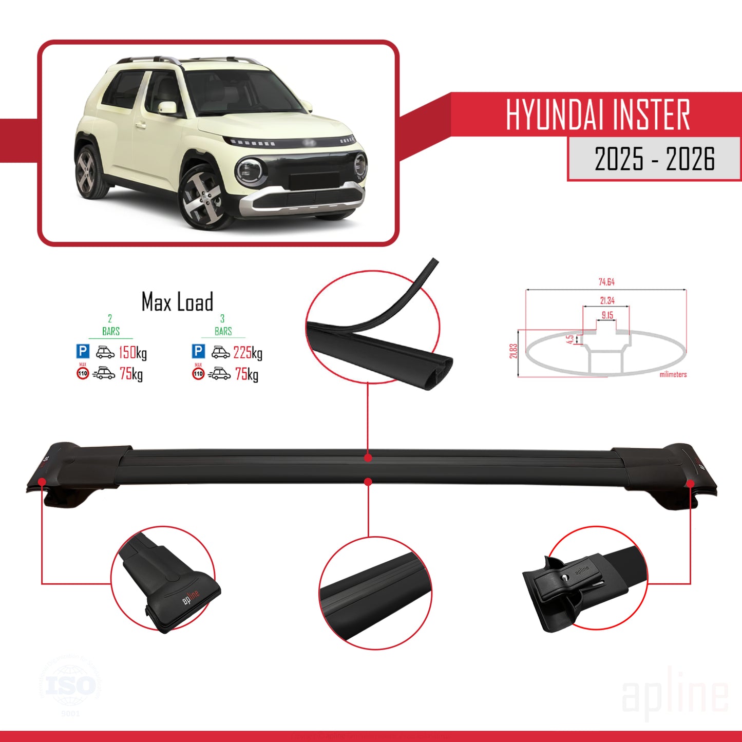 Compatible avec Hyundai Inster 2025-2026 FLY Model Barres de Toit Railing Porte-Bagages de Voiture Noir Aluminium 2 Barres