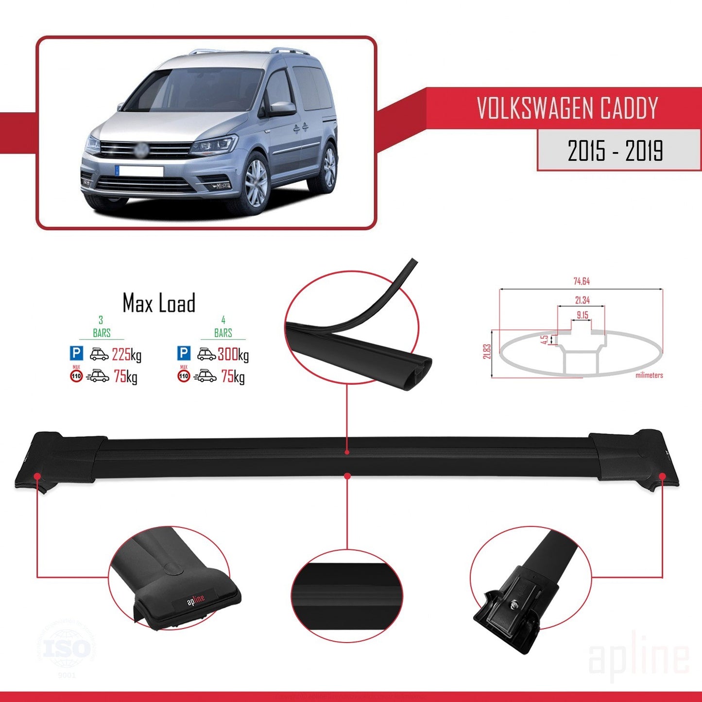 Compatible avec Volkswagen Caddy 3 (SA) 2015-2019 FLY Model Barres de Toit Railing Porte-Bagages de Voiture Noir Aluminium 4 Barres