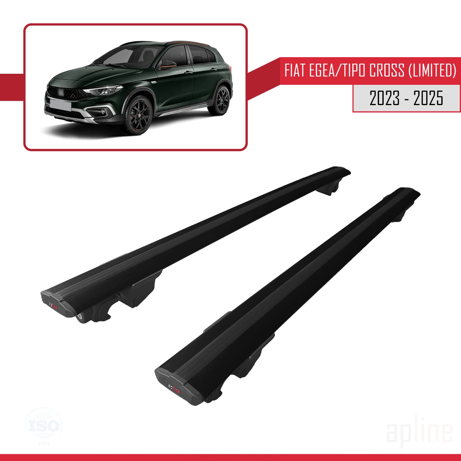 Compatible avec Fiat Egea / Tipo Cross (LIMITED) 2023-2025 HOOK Model Barres de Toit Railing Porte-Bagages de Voiture Noir Aluminium 2 Barres