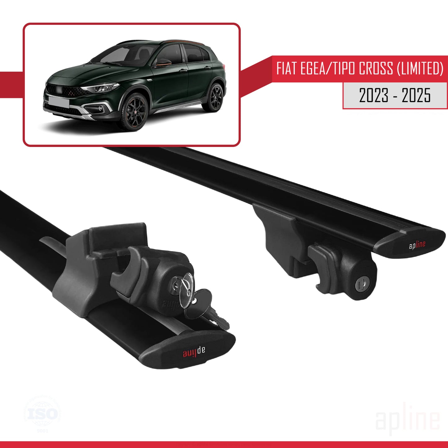 Compatible avec Fiat Egea / Tipo Cross (LIMITED) 2023-2025 HOOK Model Barres de Toit Railing Porte-Bagages de Voiture Noir Aluminium 2 Barres