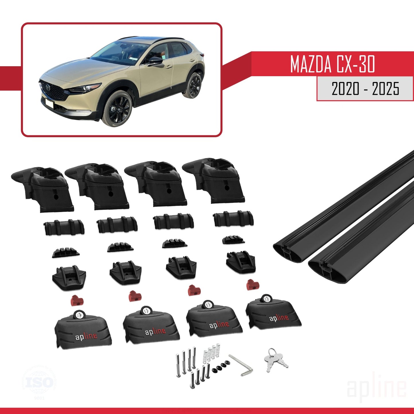 Compatible with Mazda CX-30 2020-2025 ACE-2 Car Roof Rack Cross Bar Black Aluminium 2 Bars