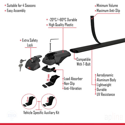 Compatible avec Kia Sorento (BL) 2002-2009 ACE-1 Barres de Toit Railing Porte-Bagages de Voiture Noir Aluminium 3 Barres