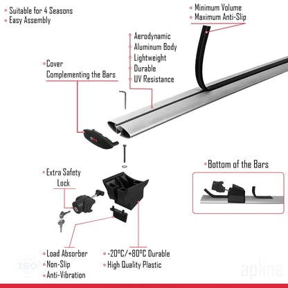 Compatible with Hyundai Santa Fe 3 (DM) 2013-2018 HOOK Model Car Roof Rack Cross Bar Grey Aluminium 2 Bars